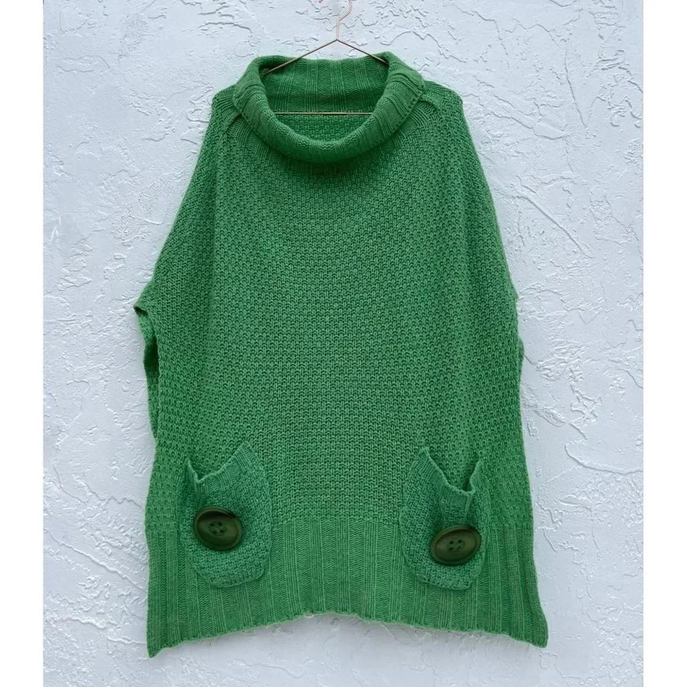 Womens Pullover Sleeveless Crochet Lambswool Sweater Green Sz OS